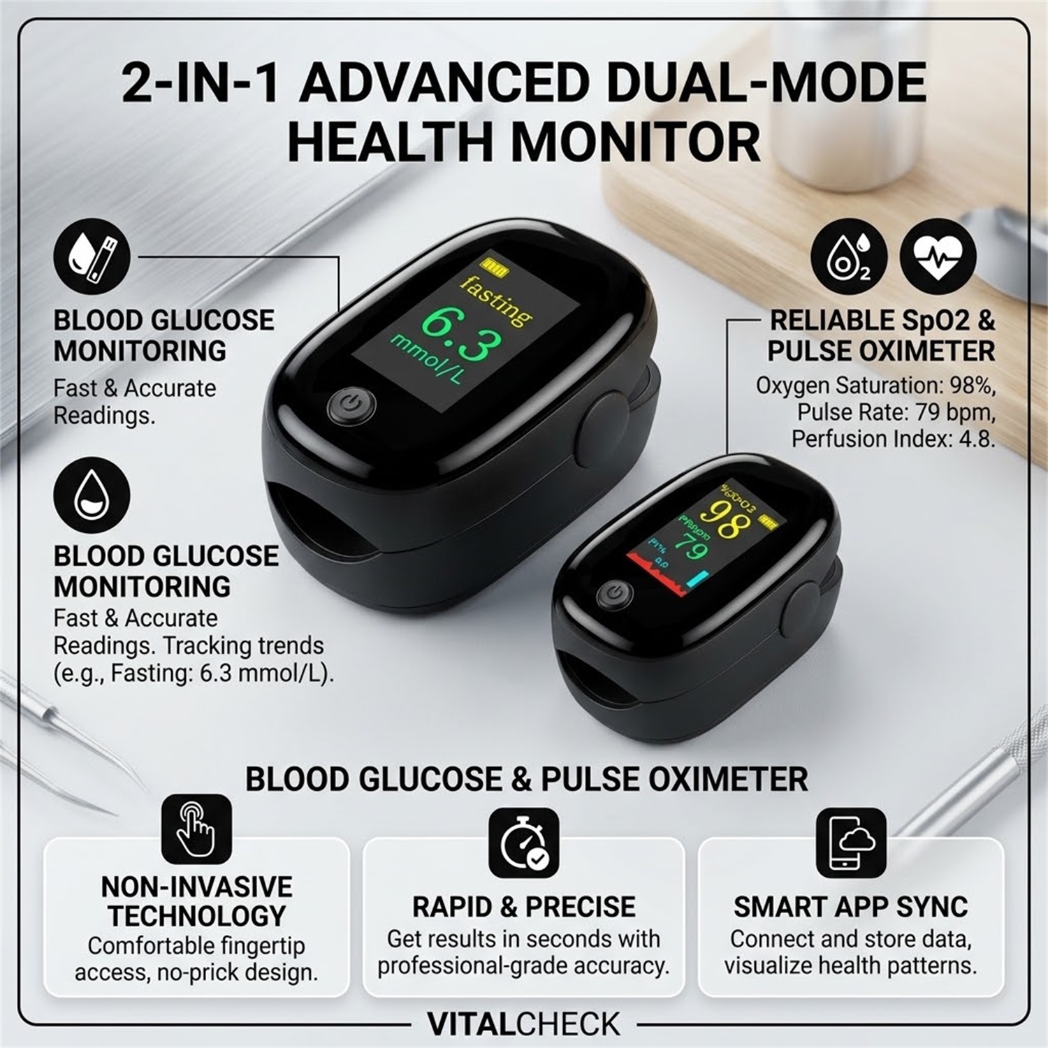 Glucometer Blood Sugar - Glucómetro y Oxímetro de Pulso 2